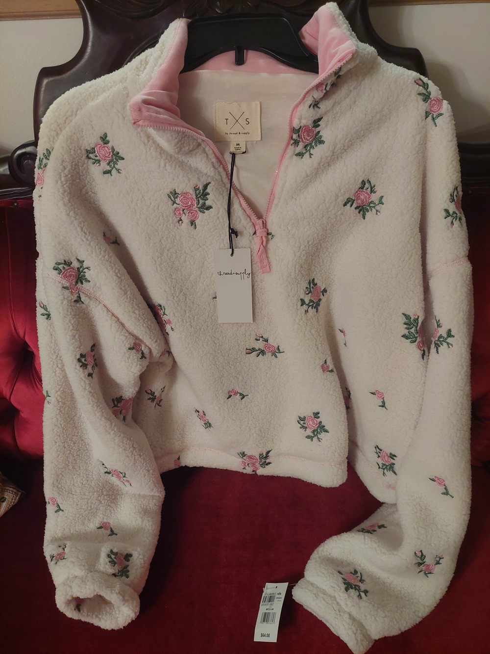 Cream Sherpa Half-Zip Jacket with Pink Rose Embroidery